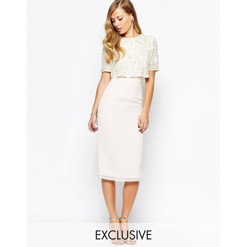 Elegant Cream Embellished Crop Top Midi Dress